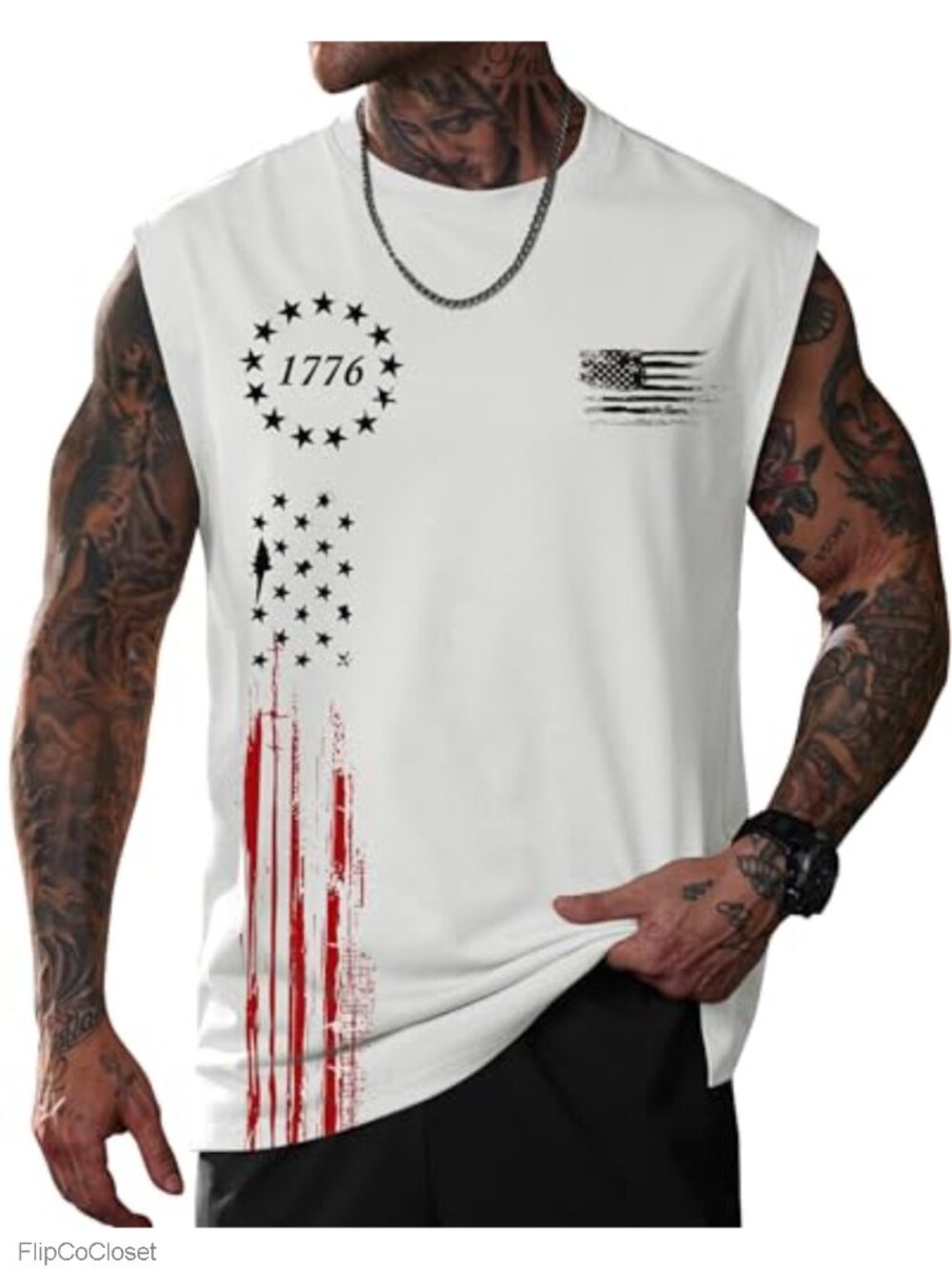 Men's Distressed American Flag Tank Top Sleeveless Crewneck Muscle Shirt